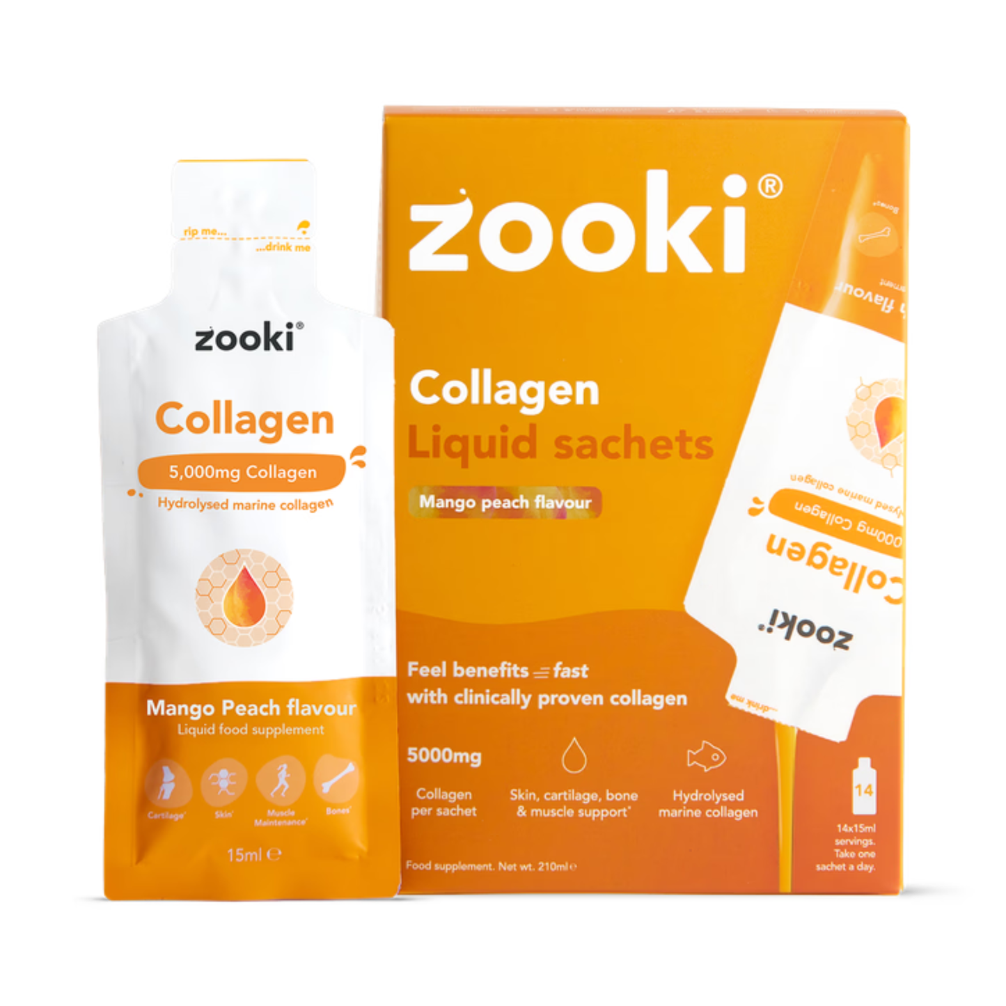 Zooki Marine Collagen 5,000mg Mango Peach Flavour 14 x 15ml