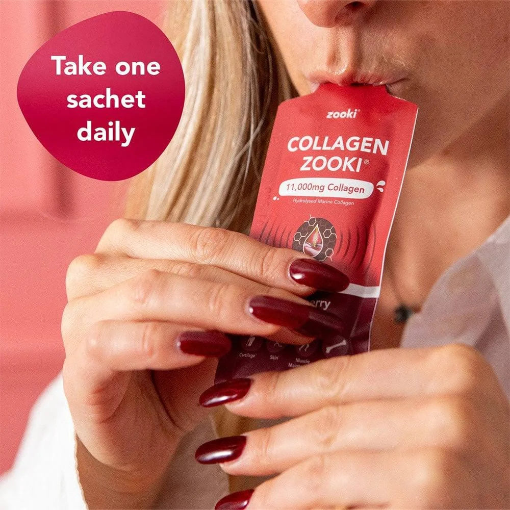 Zooki Super Strength Marine Collagen Sour Cherry sachets for adults seeking a clinically proven daily collagen supplement in a convenient rip-and-sip format