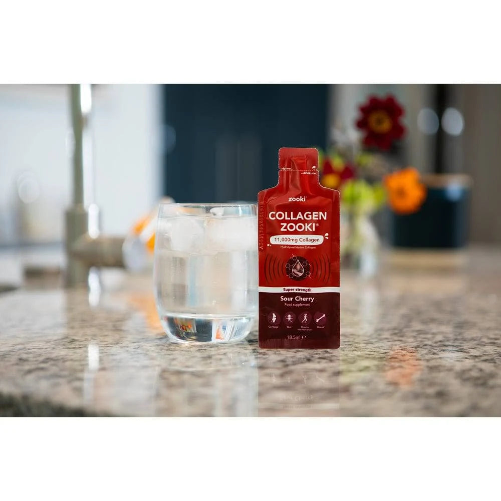 Zooki Super Strength Marine Collagen Sour Cherry sachets for adults seeking a clinically proven daily collagen supplement in a convenient rip-and-sip format