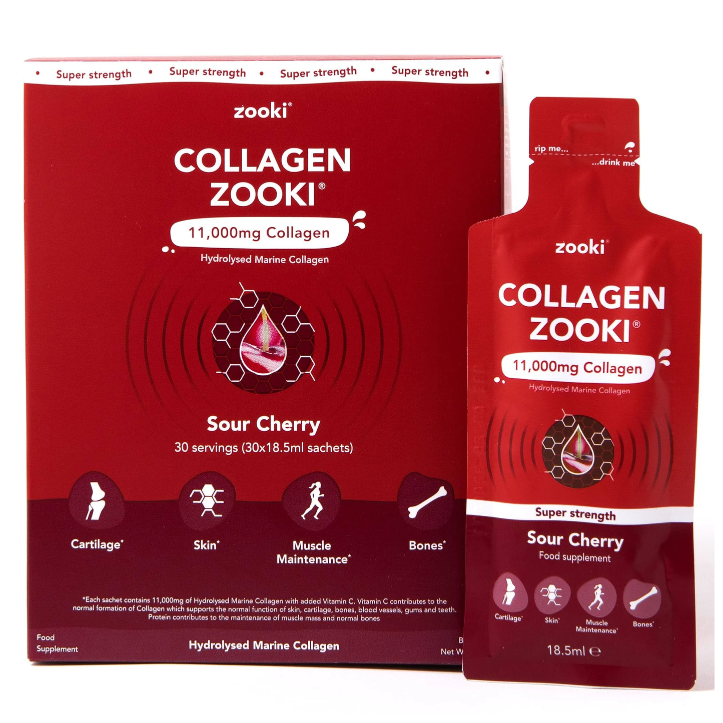 Zooki Super Strength Marine Collagen 11,000mg 30 Sachets liquid collagen sachets with Vitamin C for skin elasticity, hydration and smoothness