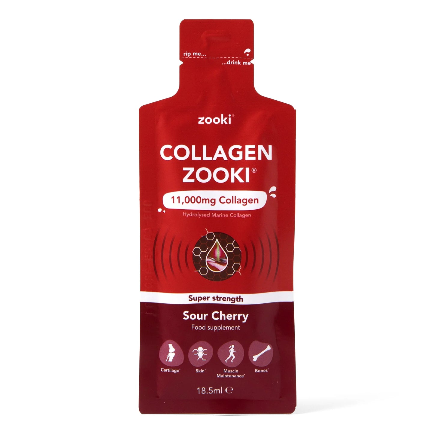 Zooki Super Strength Marine Collagen 11,000mg, Sour Cherry Flavour -14x18.5ml Liquid Sachets