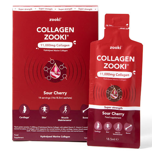 Zooki Super Strength Marine Collagen 11,000mg, Sour Cherry Flavour -14x18.5ml Liquid Sachets