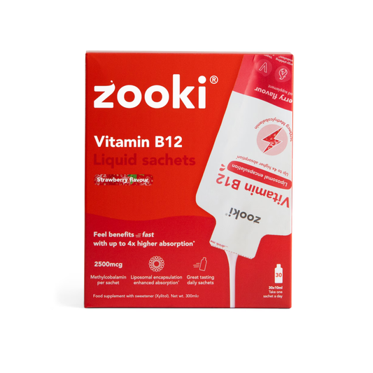 Zooki Liposomal Vitamin B12 2500mcg, Strawberry Flavour - 30 x10ml Liquid Sachets