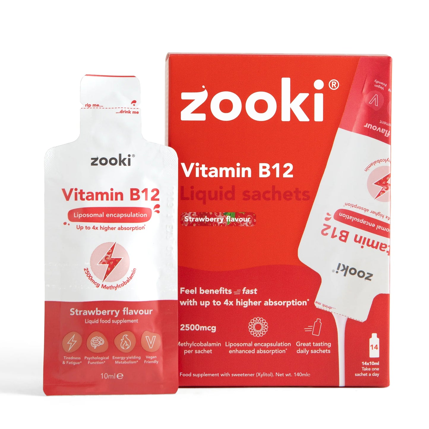 Zooki Liposomal Vitamin B12 2500mcg, Strawberry Flavour - 14x10ml Liquid Sachets
