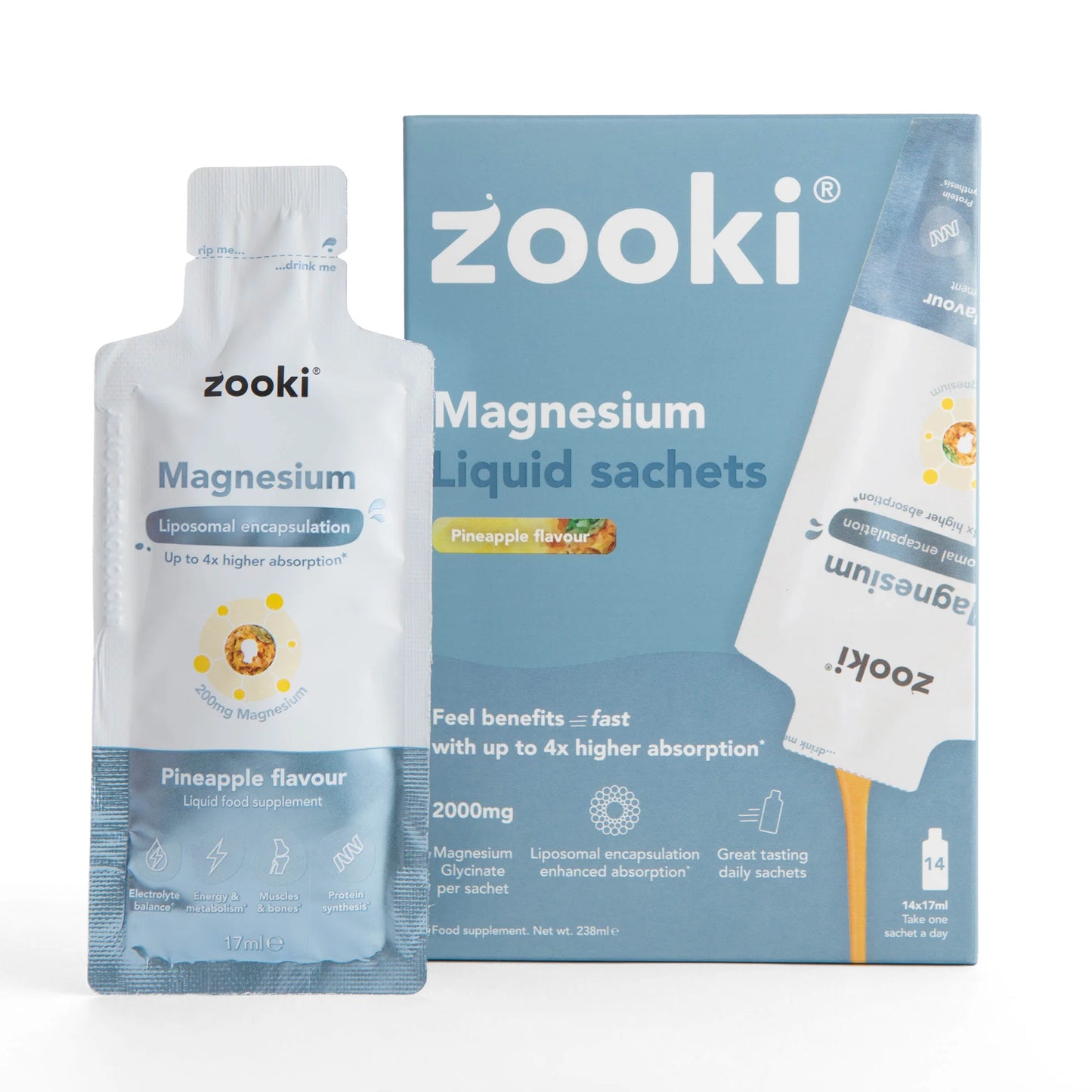 Zooki Liposomal Magnesium Bisglycinate 2,000mg Pineapple Flavour 30x17ml liquid sachets, high-absorption liposomal magnesium for daily sleep and muscle support