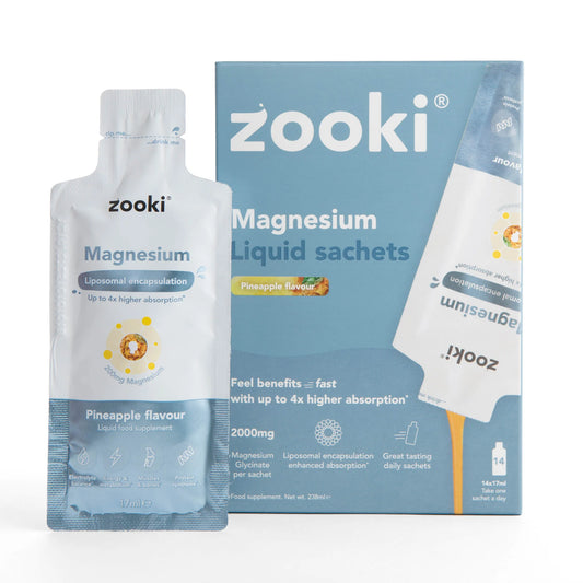 Zooki Liposomal Magnesium Bisglycinate 2,000mg Pineapple Flavour 30x17ml liquid sachets, high-absorption liposomal magnesium for daily sleep and muscle support