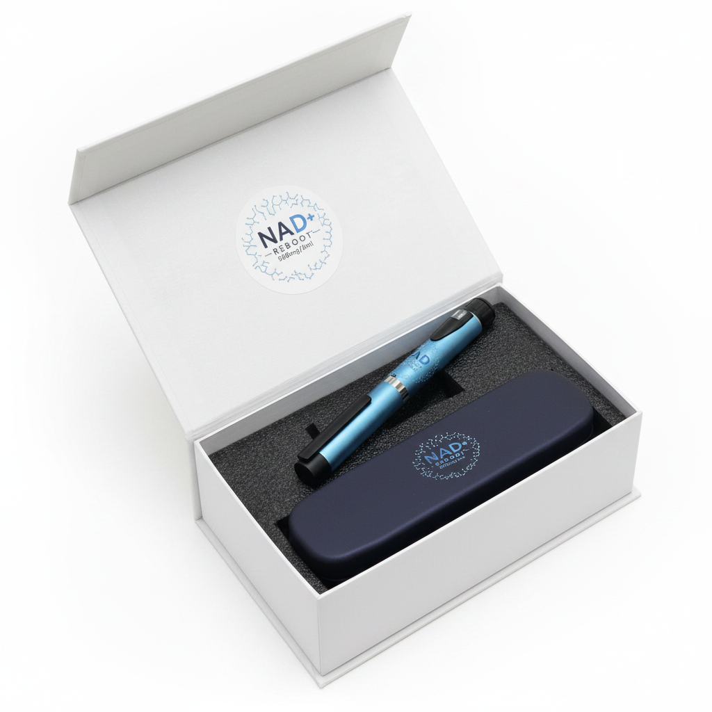 NAD+ Reboot pen held in hands by adult seeking energy support and cellular rejuvenation at home
