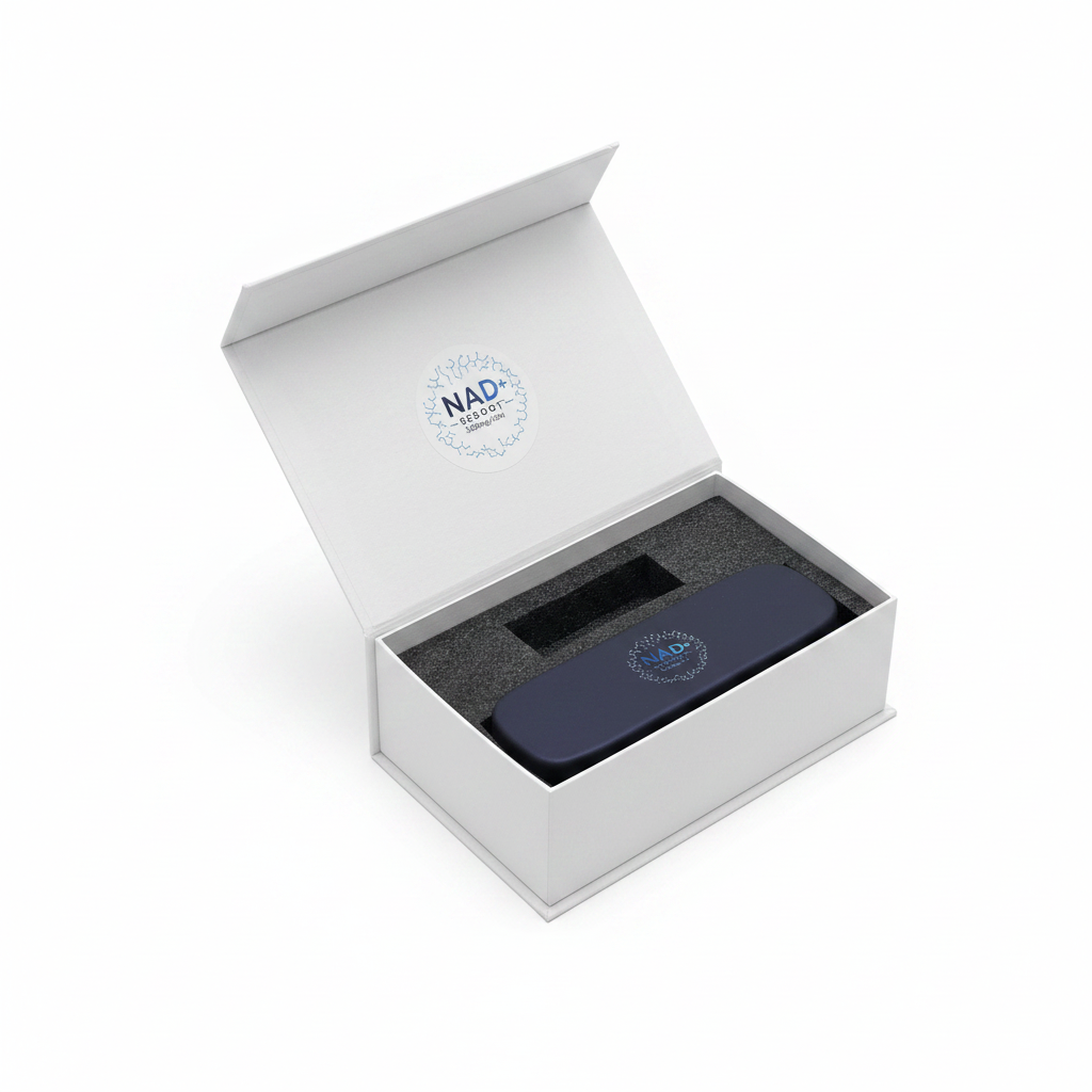 NAD+ Reboot at-home pen 1000mg 3ml with navy carry case and white box on white background
