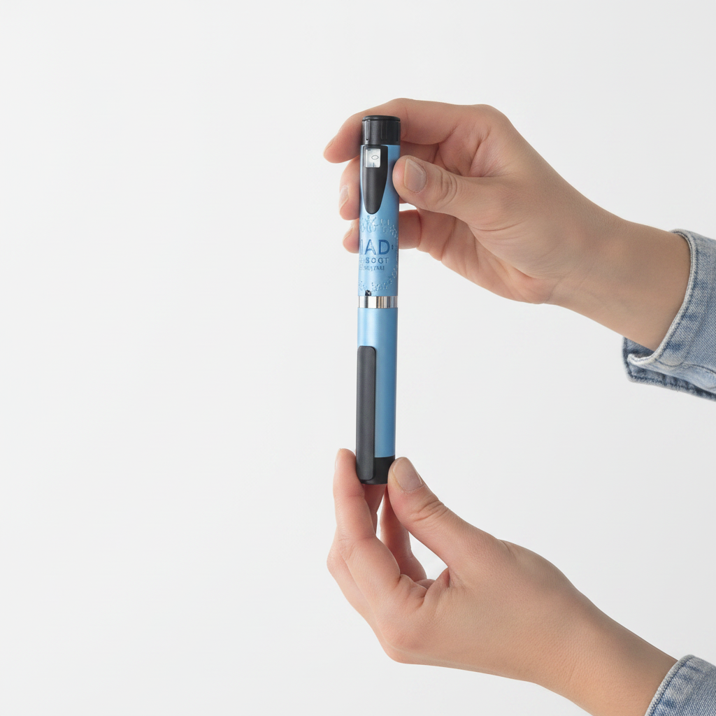 NAD+ Reboot 500mg pen held in hands by adult seeking energy support and cellular rejuvenation at home