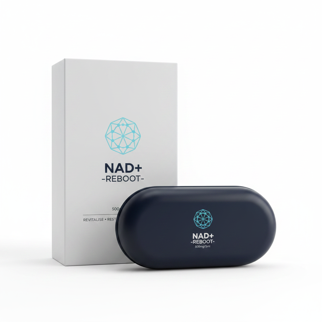 NAD+ Reboot at-home pen 500mg 3ml with navy carry case and white box on white background