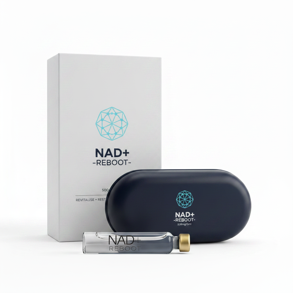 NAD+ Reboot 500mg pen device showing NAD+ active formula designed to support cellular energy and recovery