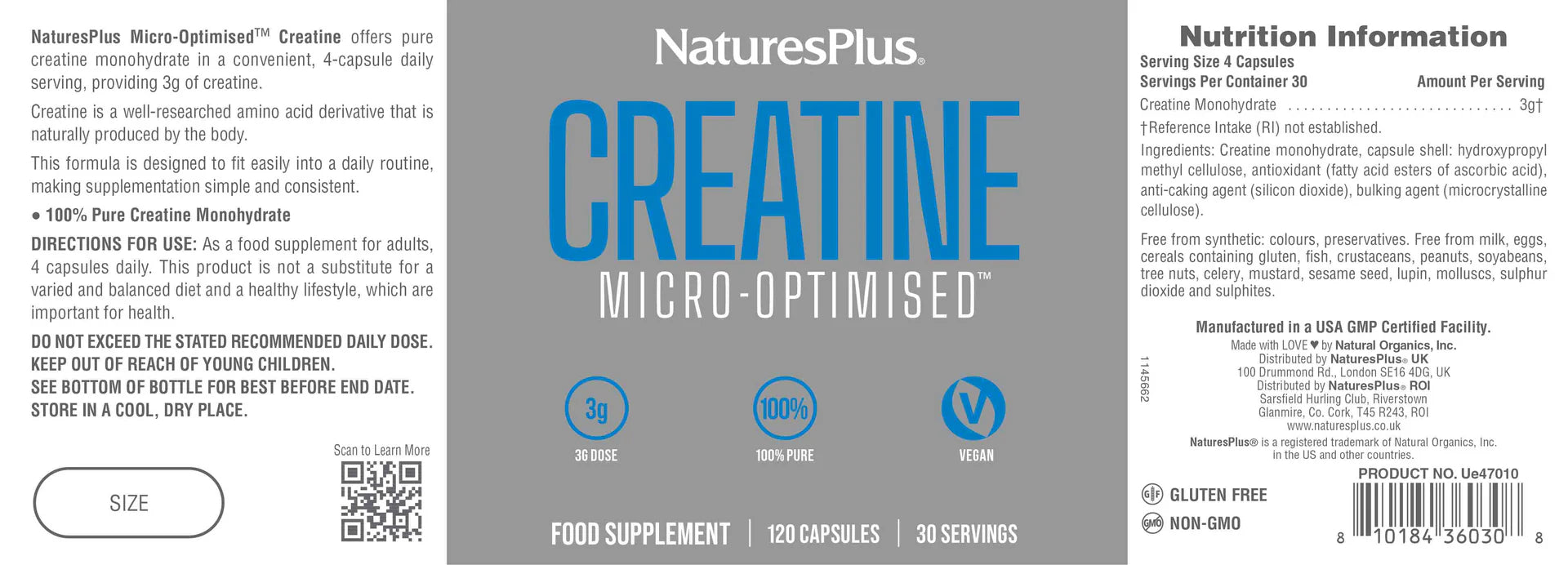 Nature's Plus Creatine Micro Optimised with pure creatine monohydrate no additional ingredients 30 servings per pack