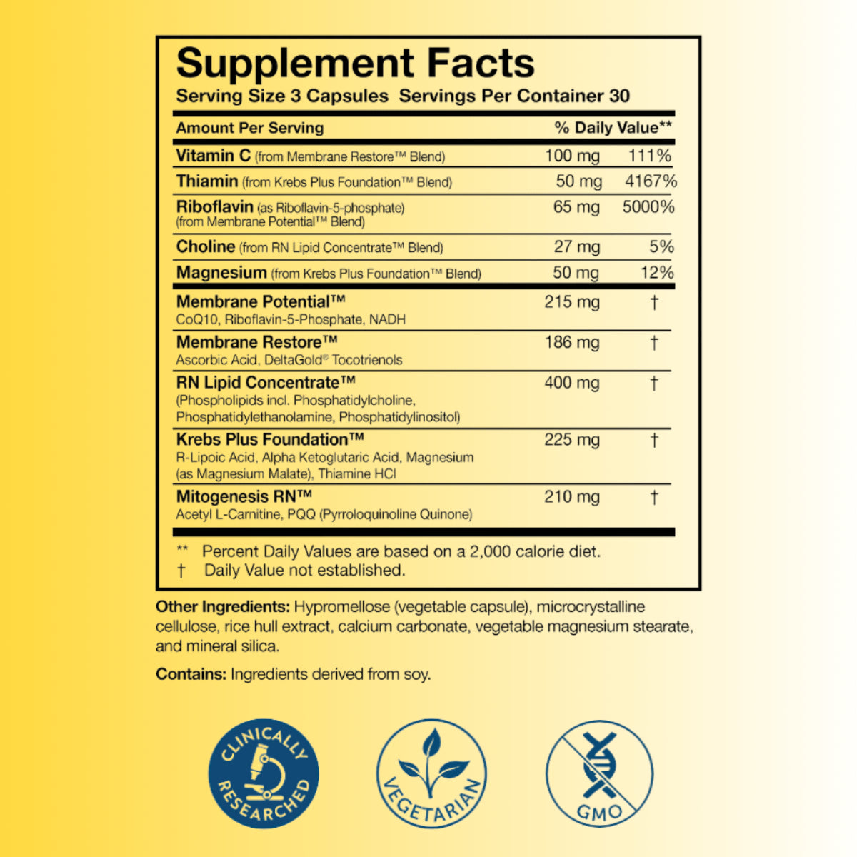 Researched Nutritionals ATP 360 supplement facts showing five proprietary blends Membrane Potential Krebs Plus Foundation RN Lipid Concentrate per 3-capsule serving