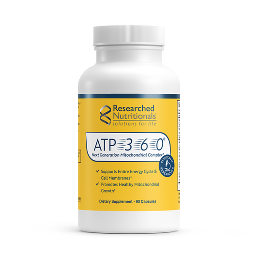 Researched Nutritionals ATP 360 90 vegetable capsules mitochondrial support food supplement with CoQ10 NADH PQQ and phospholipids in white bottle