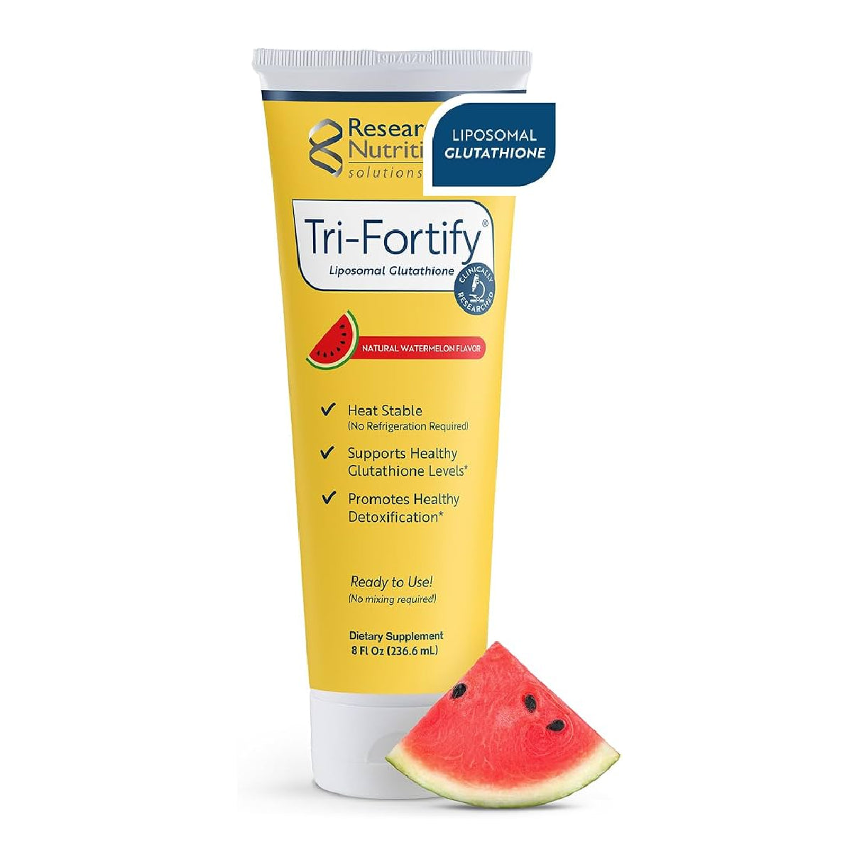 Researched Nutritionals Tri-Fortify Watermelon Liposomal Glutathione 236ml shelf-stable liquid supplement bottle with no refrigeration required